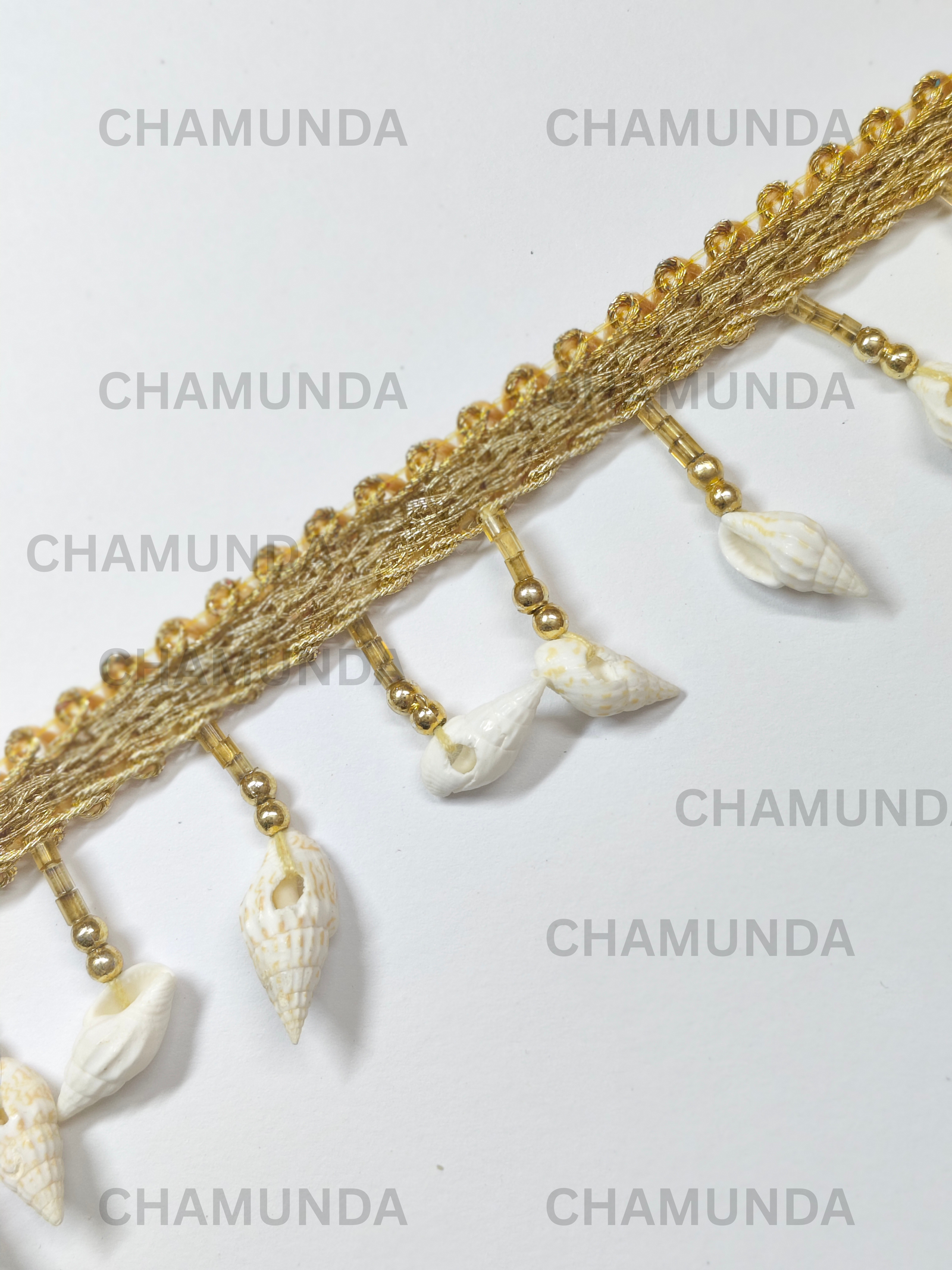 White Cowrie Shell Lace Border trim with gold finish | Decorative