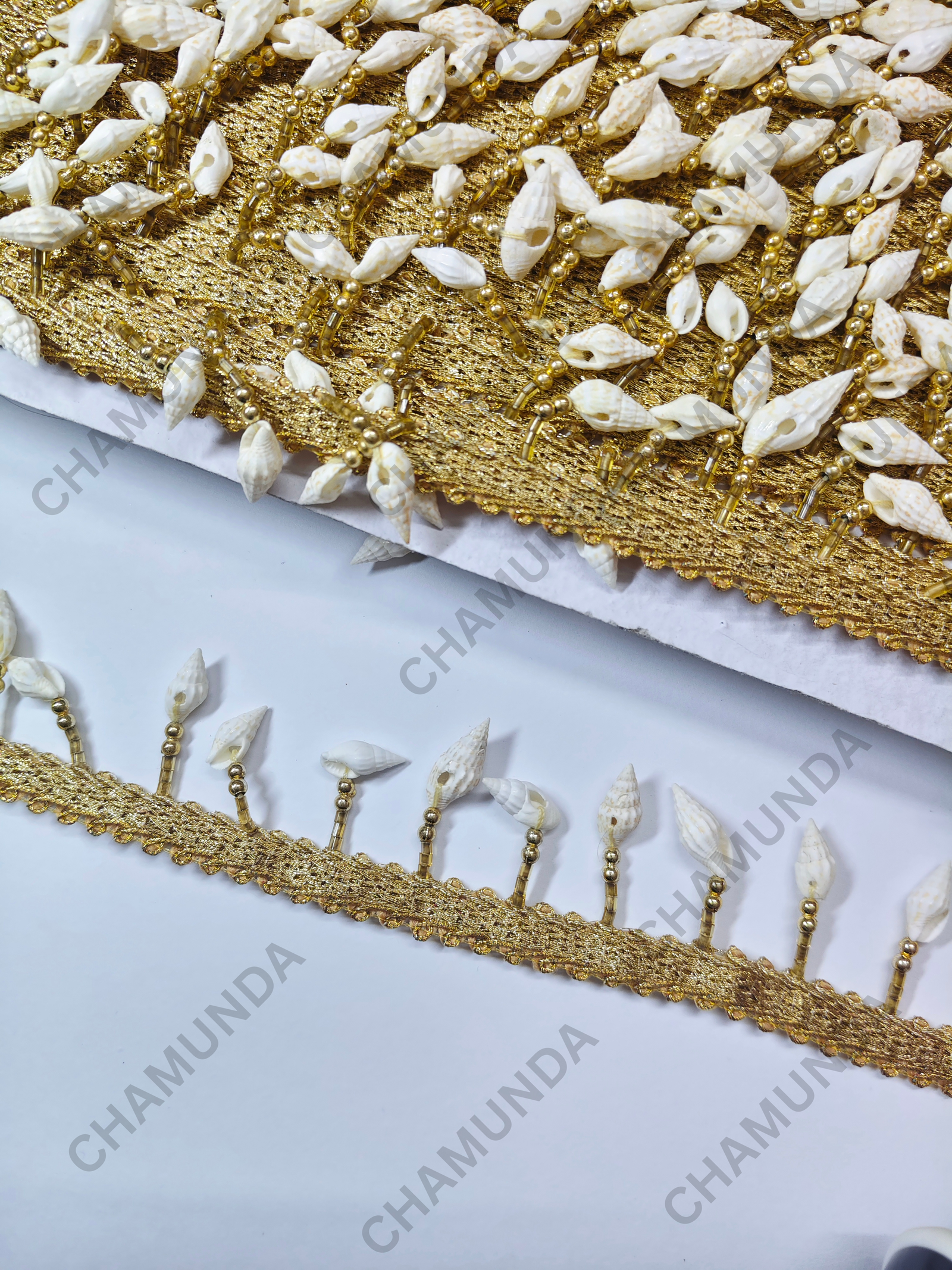 White Cowrie Shell Lace Border trim with gold finish | Decorative
