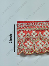 Red Embroidered Lace Border Trim | 2 Inch Width | Decorative Fabric Lace